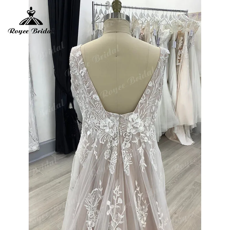 Vestido Plus Size Boho Lace Blush Pink Wedding Dress 2022 Square Neckline Elegant Bridal Long Beach Wedding Gowns Open Back