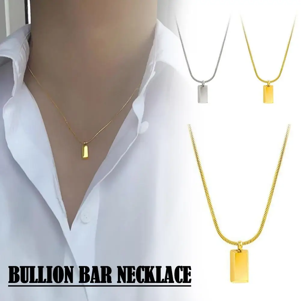 Simple Bullion Bar Necklace Stainless Steel Necklaces Golden Cube Brick Pendant For Women Men Geometric Jewelry Gift I0e5