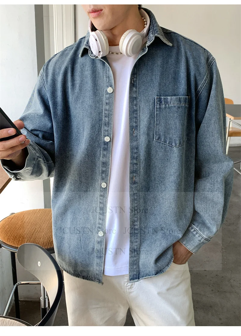 

Long Sleeve Men Jeans Shirt Trendy Outdoor Cover Spring Autumn Season Top Ashed Denim Jacket American Style Leisure Coat