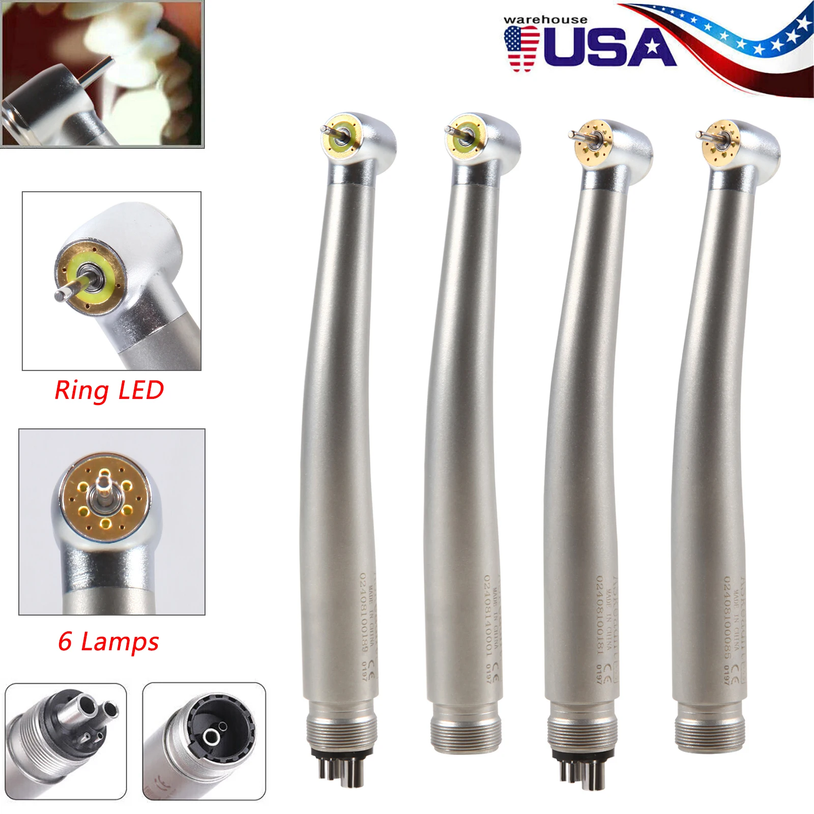 Dental Fiber Optic E-generator Shadowless Ring LED /6 Lamp Lights High Speed Handpiece Standard Head 2/4 Holes Dentistry