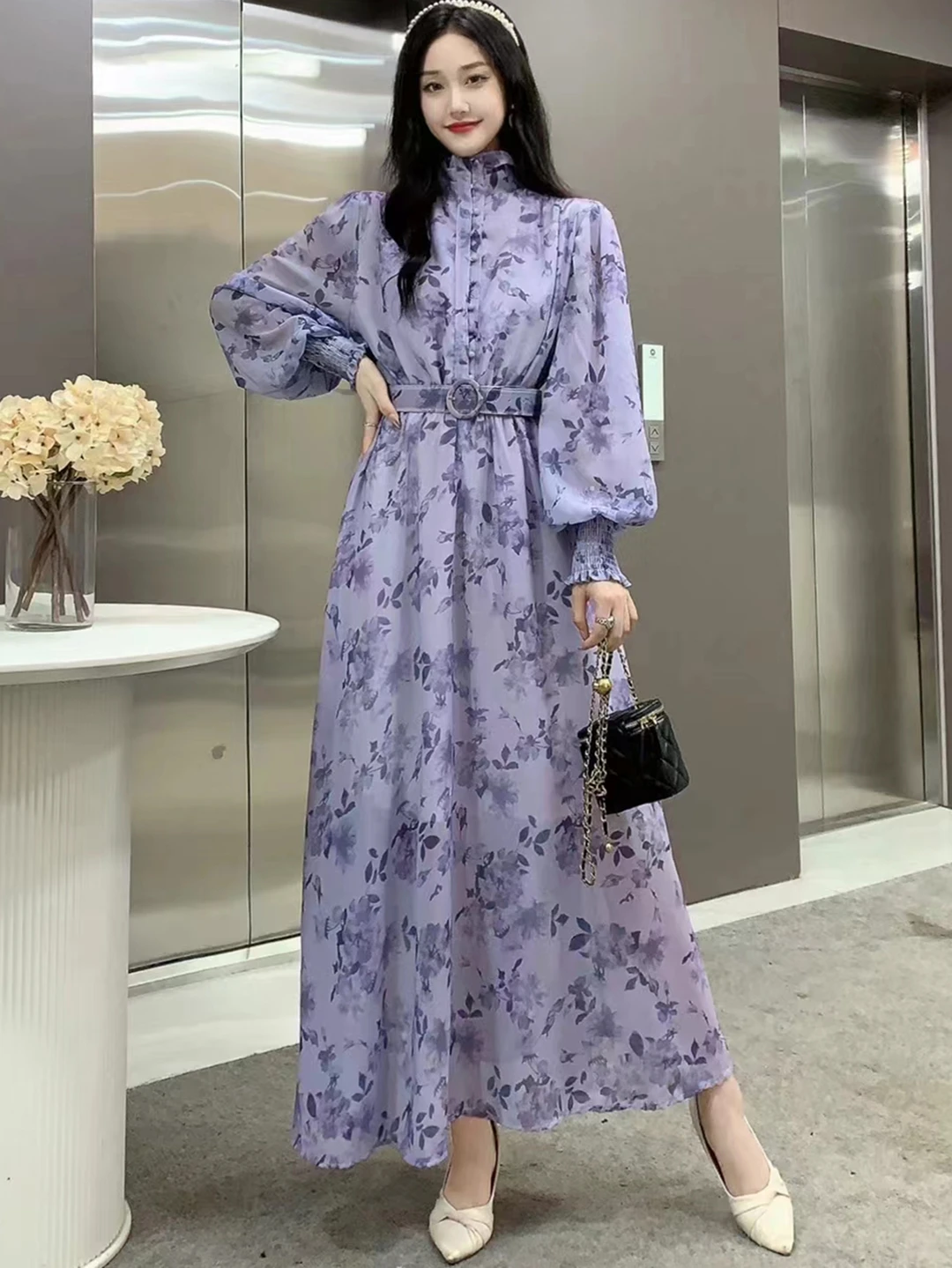 

2024 New Spring Autumn Women Stand Collar Long Sleeve Belt Slim Long Dress High Quality Elegant Retro Floral Chiffon Dress