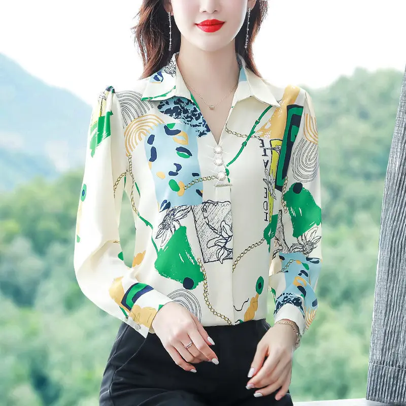 Spring Autumn New Women\'s Printed Button Polo-Neck Korean Version Elegant Loose Appear Thin Long Sleeve Chiffon Shirt Tops