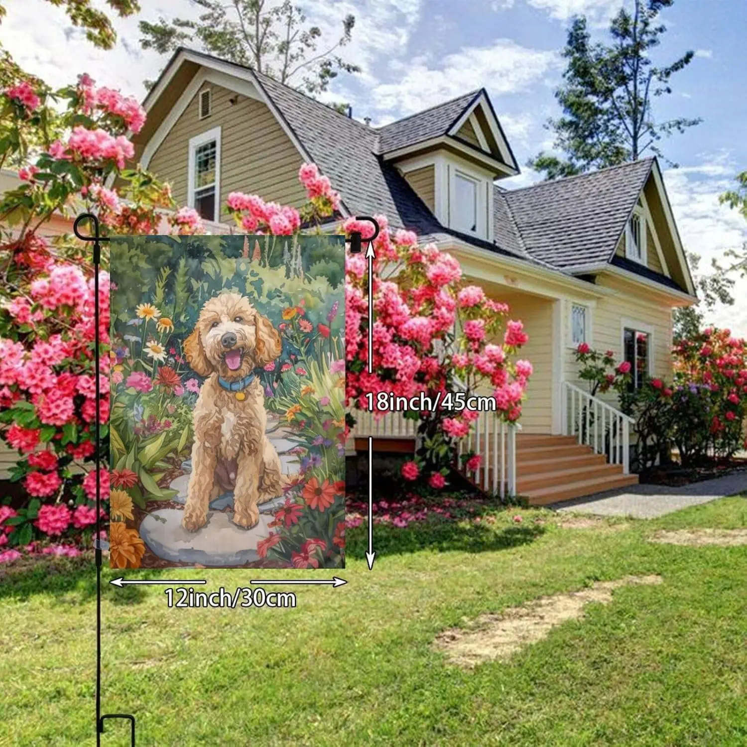 smiling light brown goldendoodle Garden Flags 12x18 Double Sided,Garden Flags for All Seasons, Garden Yard Banners for Seasonal