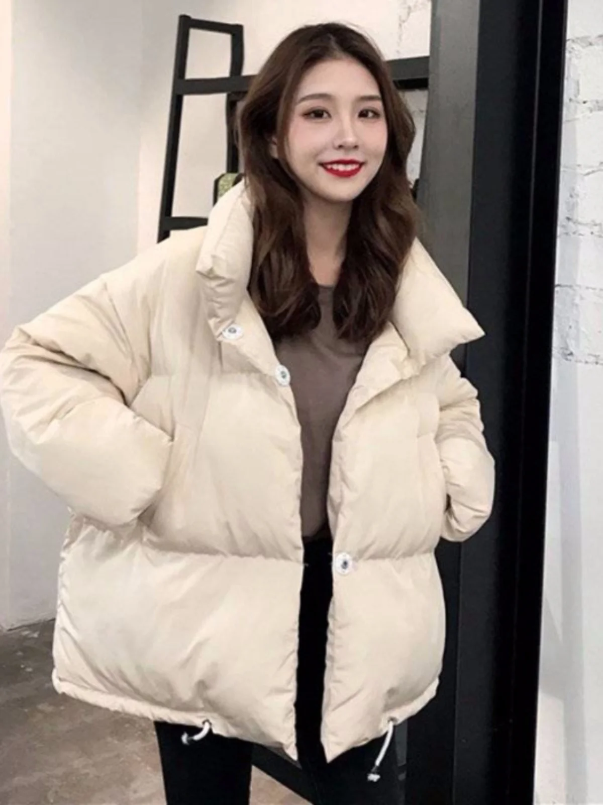 

Women's Short Thickened Cotton Jacket Bread Style Winter Coat Korean Version Harajuku Loose White INS Cotton Outerwear
