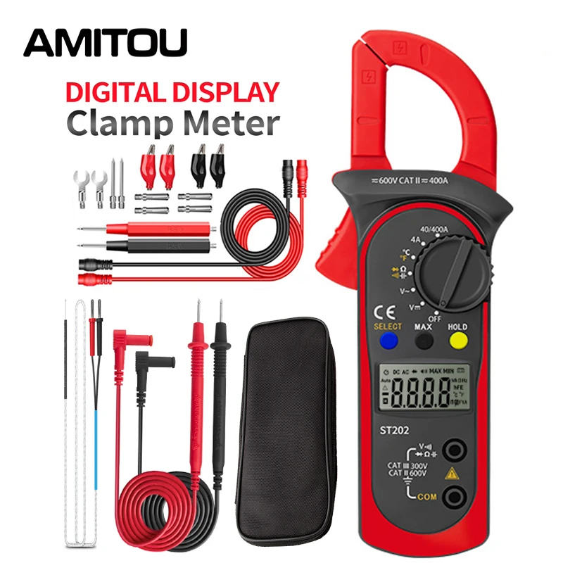 AMITOU ST202 Digital Clamp Meters Professional Multimeter Clamp AC/DC Voltmeter Ammeter Diode Temp Ohm Tester for Electrician