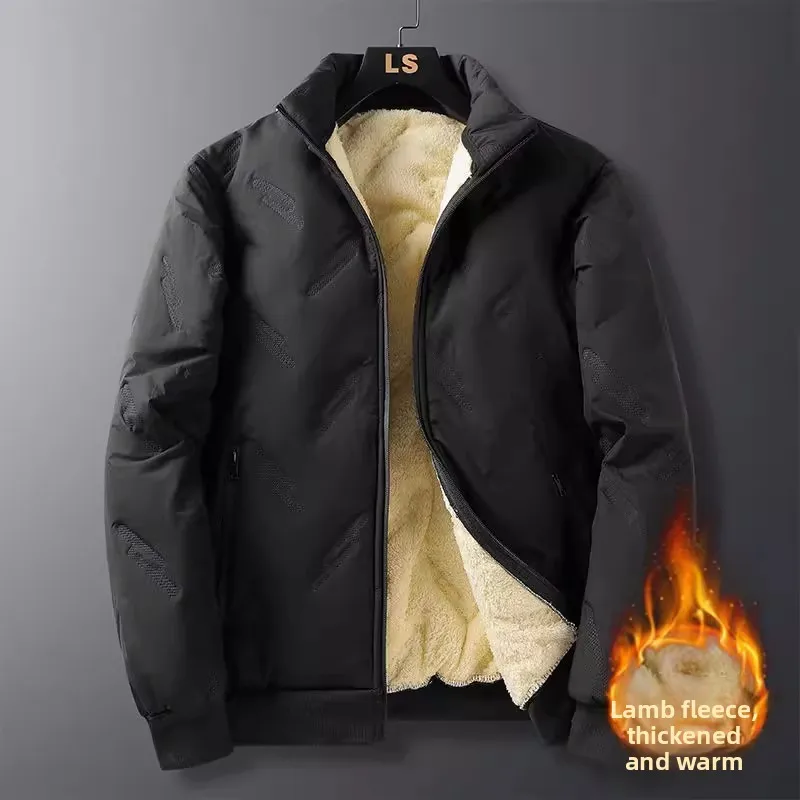 

Thiened Lamb Velvet Cotton Jaet for Men Casual Loose Fit Stand Collar Warm Workwear for Autumn Winter Dry Clean Only