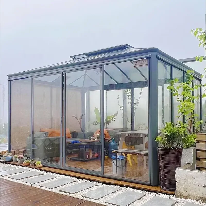 Custom 4 Season Aluminum Frame Glass Villa Courtyard Flat Roof Tempered Glass Design Greenhouse Sunroom