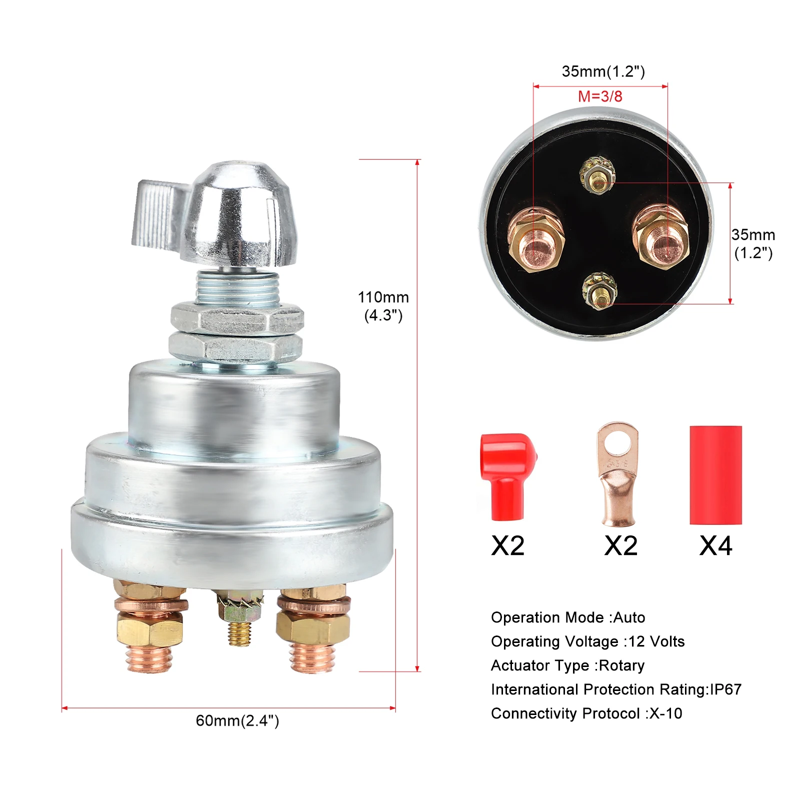 6-32V 185A Master Battery Disconnect Switch NO/OFF 4 post DPST kill cut off Red copper nickel plating+nylon PA66 flame retardant