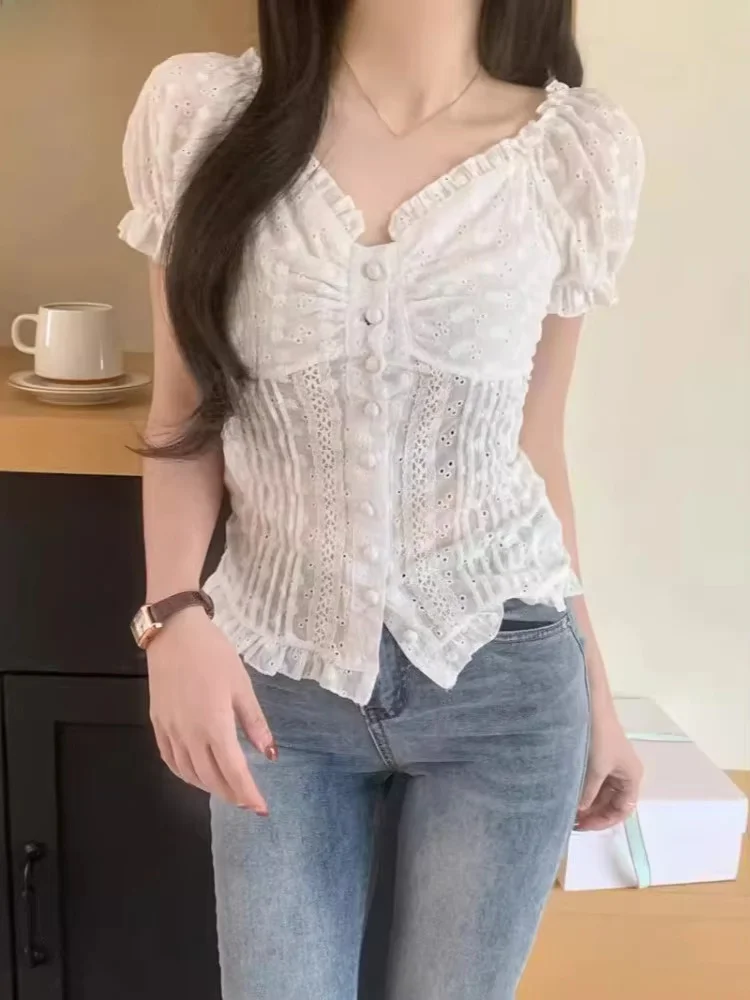 Lace Embroidery Shirts 2026 Women's Clothing Puff Sleeve Slim Fit Blouses Camisas De Mujer Single-breasted Sweet Ruffles Blouse