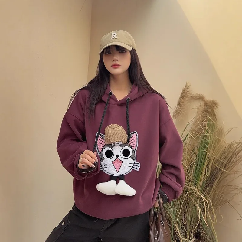 Women's Clothing Fashion Versatile Fleece Hooded Cartoon Sweatshirt Looks Thin And Young Winter New Apricot Top Hoodies Female