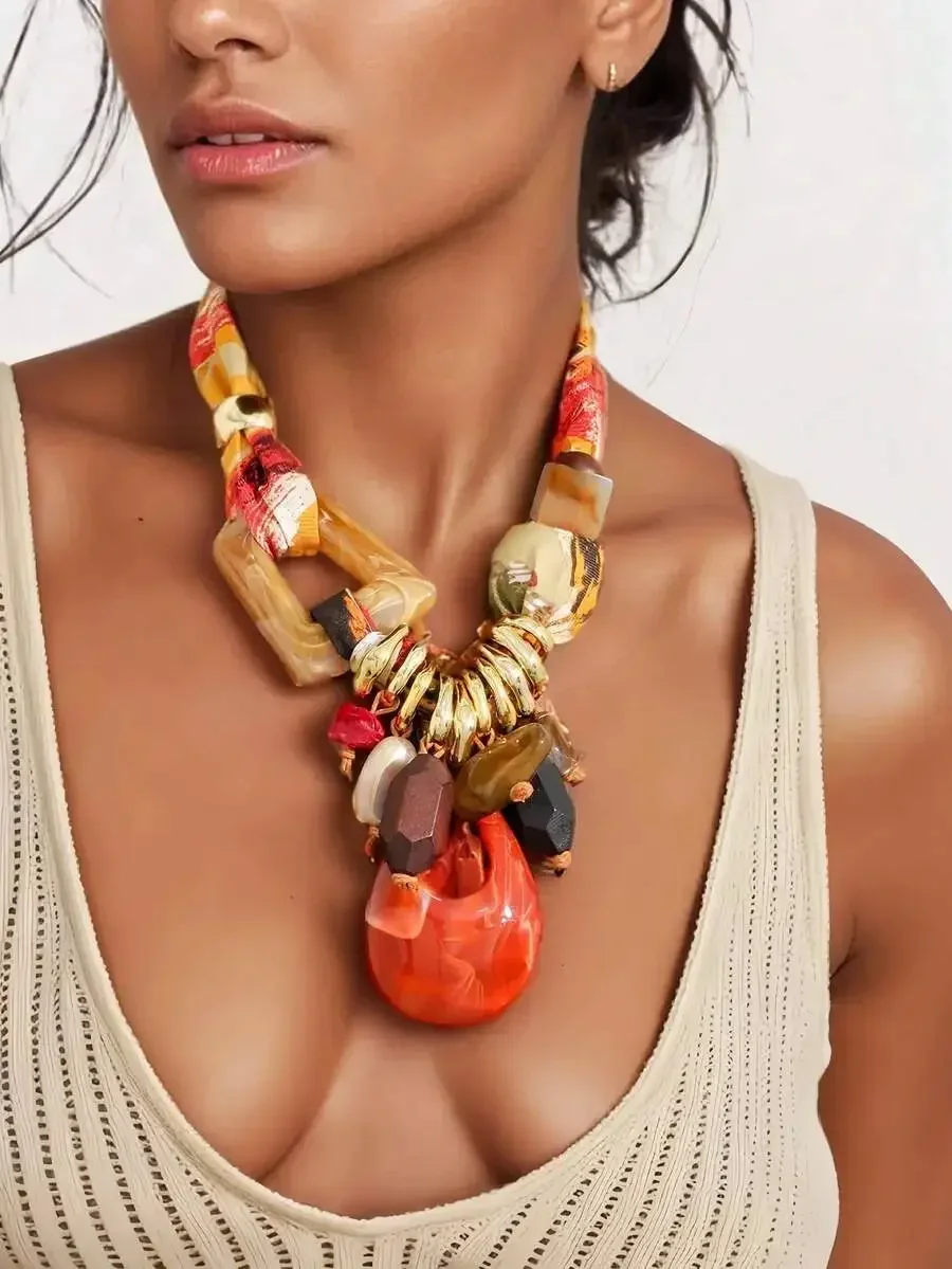 

Vintage Fashion Acrylic Faux Stone Colorblock Beaded Asymmetrical Pendant Necklace For Women