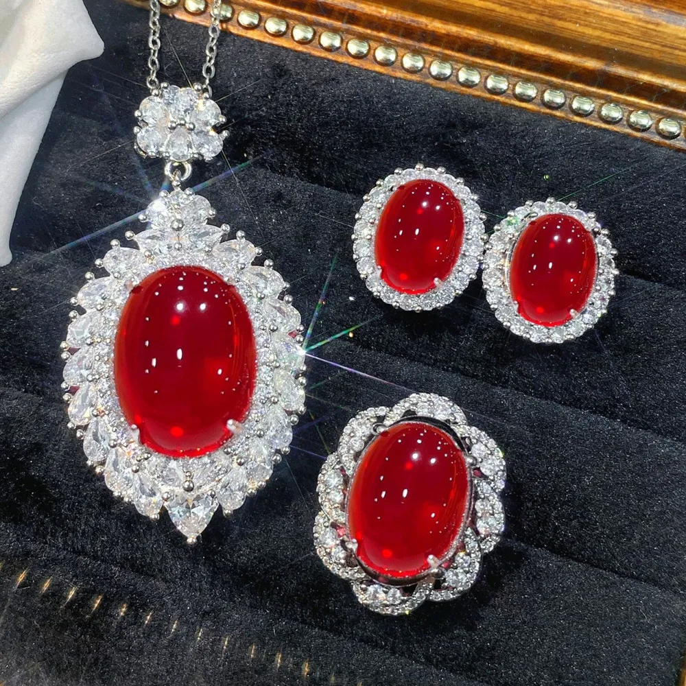 

Big Luxury Red Agate Ruby Gemstones Diamonds Pendant Necklace for Women Silver 925 Evening Party Luxury Jewelry Set Wedding Gift