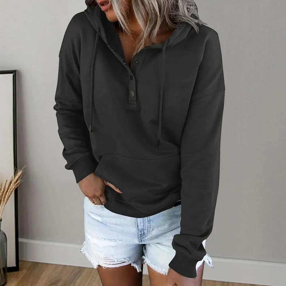 Hoodie de manga comprida feminino, pulôver solto, decoração de botões, casual, cordão macio, capuz com capuz quente, outono, inverno