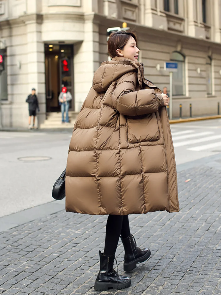 Chaqueta de plumón de pato blanco grueso para mujer, abrigos largos de gran tamaño, chaqueta delgada con capucha y bolsillos grandes, Parka elegante