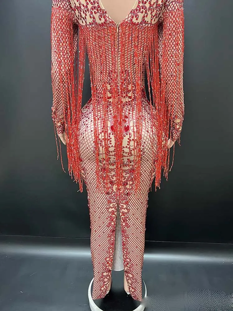 Alta qualidade strass borla sexy vestido elástico 2025 nova moda roupas femininas personalizadas