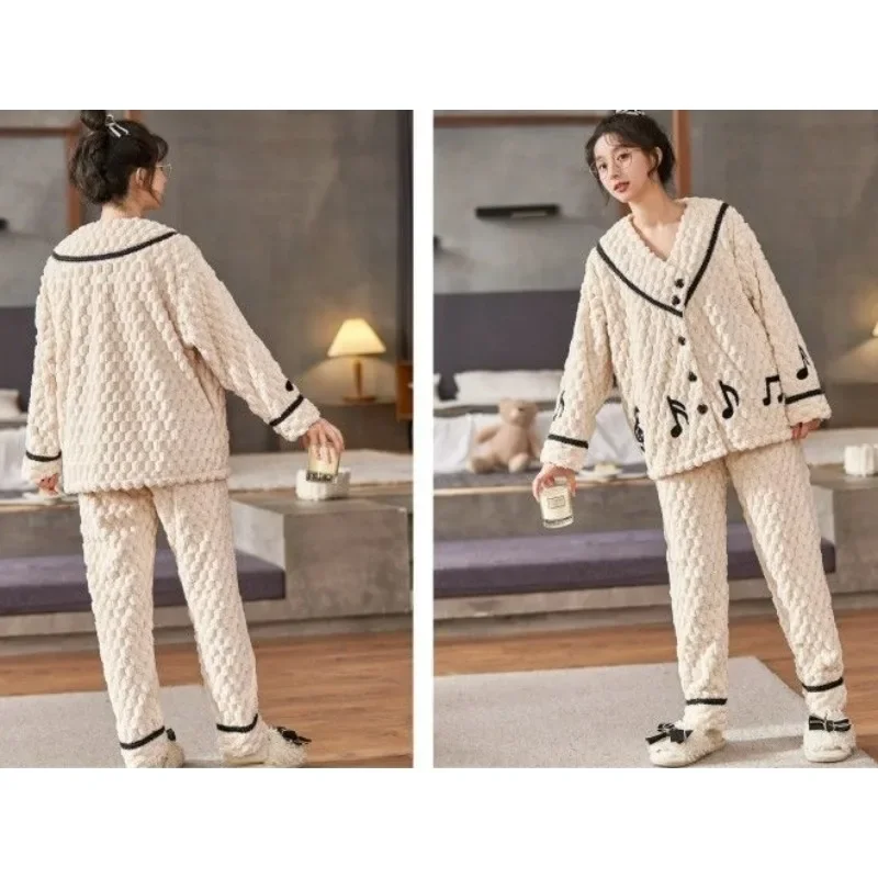 2024 New Coral Velvet Pajamas Women Winter Loungewear Plush and Thick Sleepwear Flannel V-neck Loose Doll Collar Homewear Set