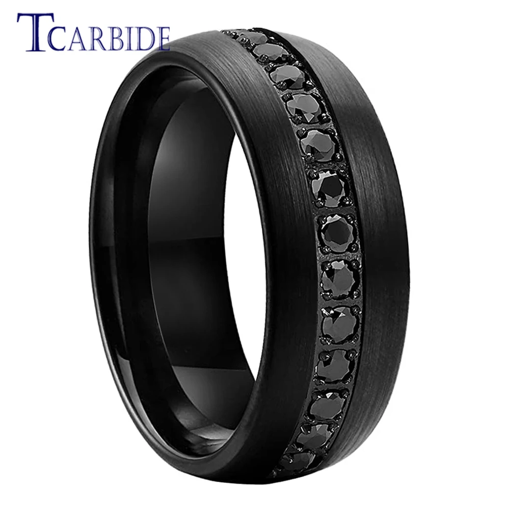 TCarbide 8mm Men Women Tungsten Steel Combination Ring Black rhinestones Inlay Amazing Jewelry Brushed Finish Comfort Fit