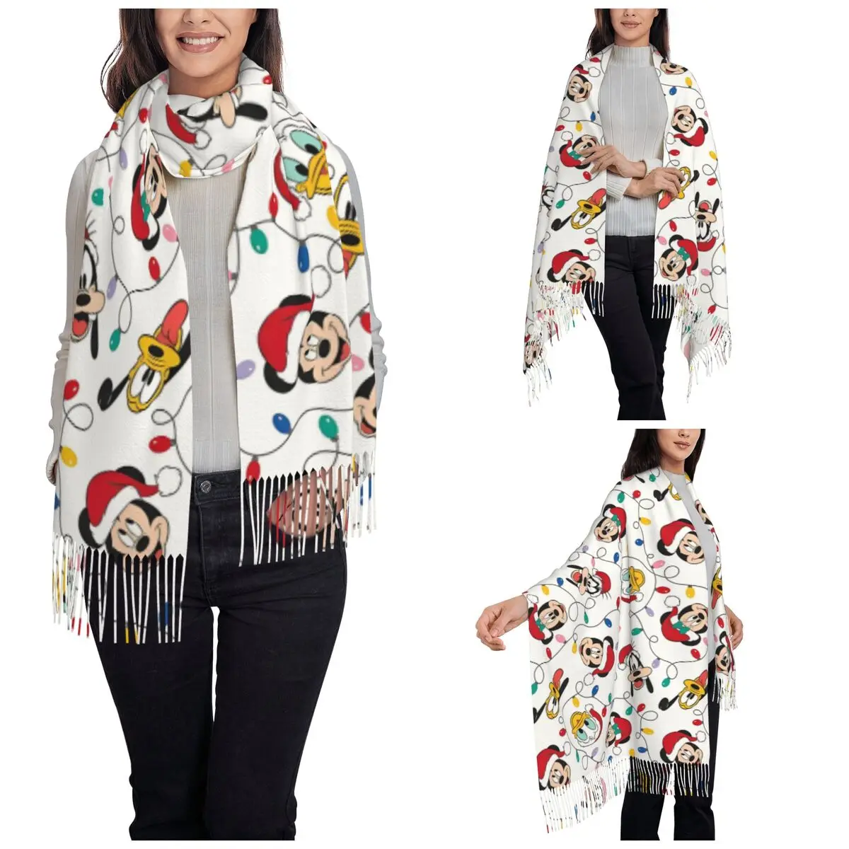 Merry Christmas Mickey Mouse Scarf Women Winter Warm Pashmina Shawls and Wrap Minnie Donald Duck Long Shawl Scarf Daily Wear