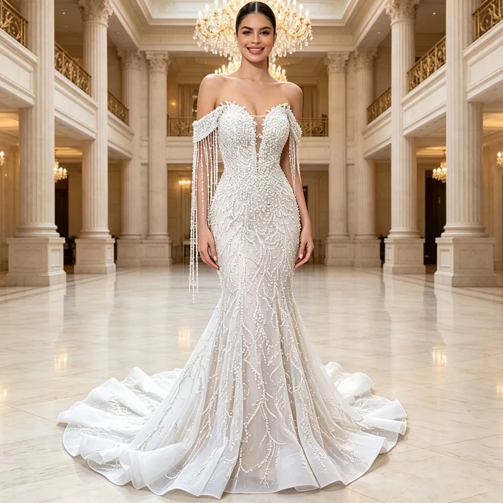 Sweetheart Off Shoulder Tassel Lace Up Back Wedding Dress Beading Customized Robe Mariage Femme