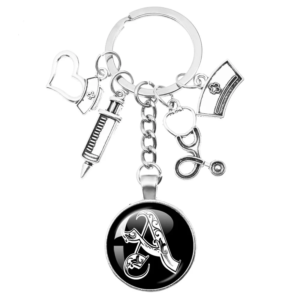 Royal Initialen 26 Letter Pendent Doctor Nurse ID Name Medical Syringe Stethoscope Accessories Glass Keychain Charm Gift Jewelry