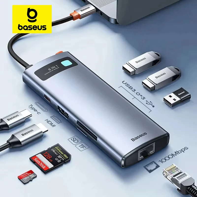 Baseus 4K 60Hz USB C Hub Type C to HDMI SD TF Ethernet Port PD 100W Fast Charging USB 3.0 Adapter for Macbook Laptop Tablet HUB