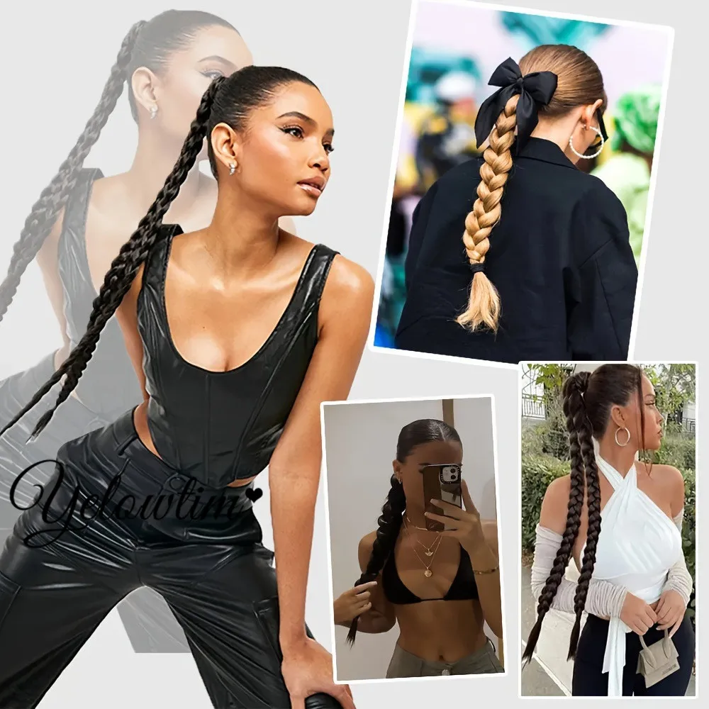 Synthetic Long Twist Braid Ponytail Extensions With Rubber Band 24 Inch Boxing Braided Hair Extensions For Women Daily Use