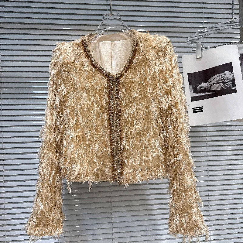 Wome's Spring 2026 Gold Rhinestone Fringe Jacket New Luxurious Elegant Heavy Sparkly Glamorous Party Evening Cocktail Jacket