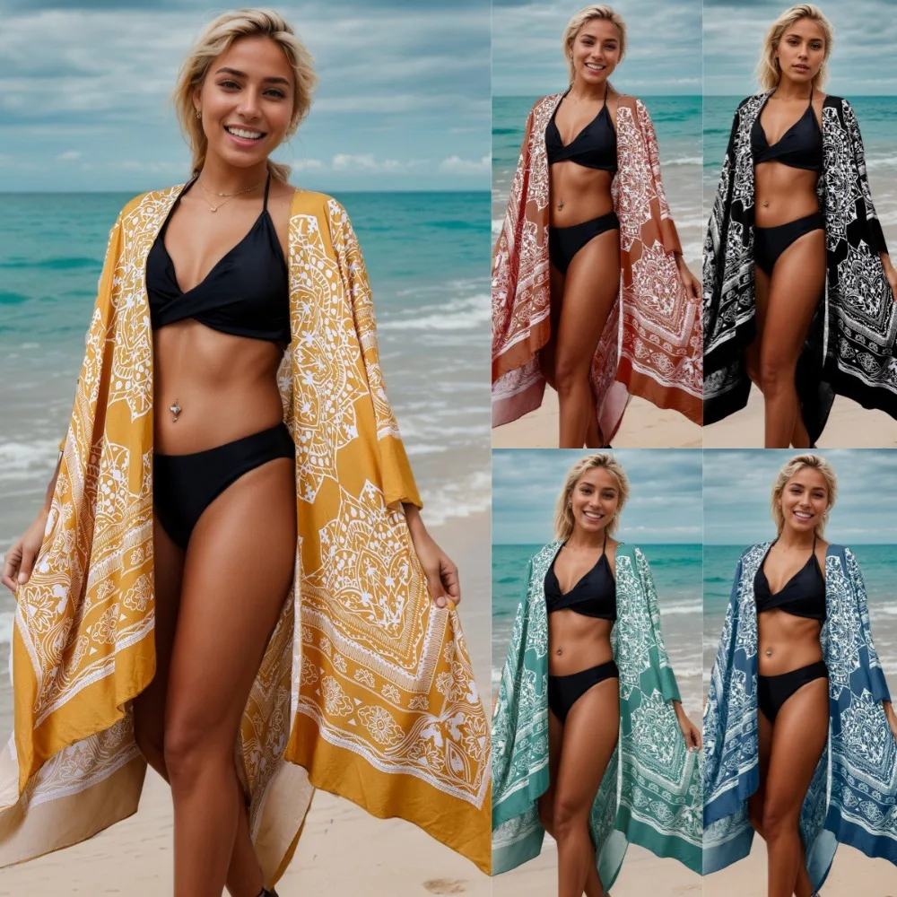 

Рубашка-кимоно с принтом для отпуска, свободная пляжная куртка-кардиган для женщин