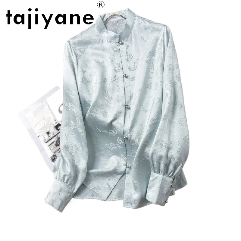 

TAJIYANE 100% Real Mulberry Silk Shirt Woman Elegant Blue Jacquard Blouse Chinese Style Ladies Tops 2026 Spring Women Clothes 셔츠