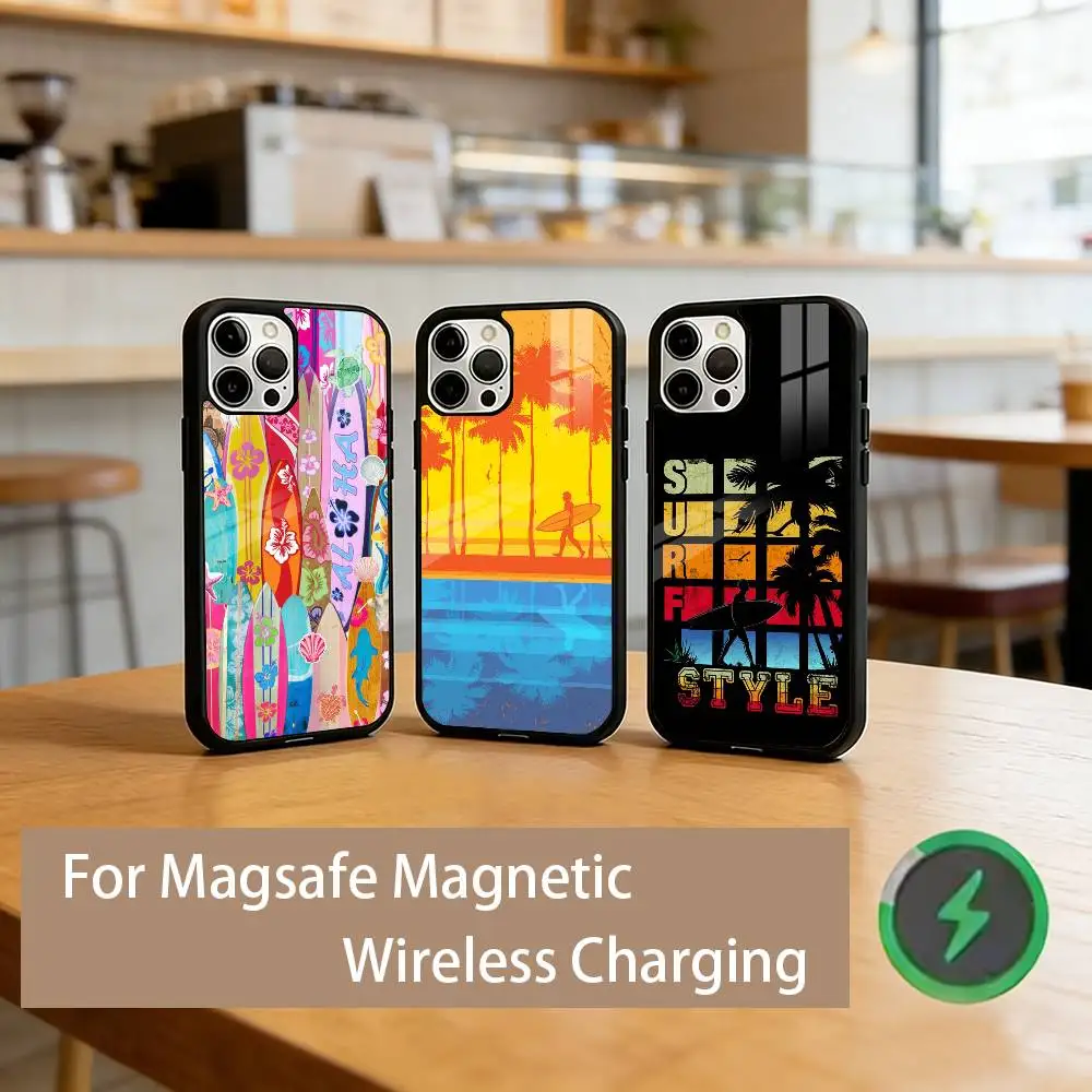 Surfboard Summer Beach Phone Case For iPhone17,16,15,14,13,12,11 Plus,Pro Magnetic For Magsafe Wireless Charging
