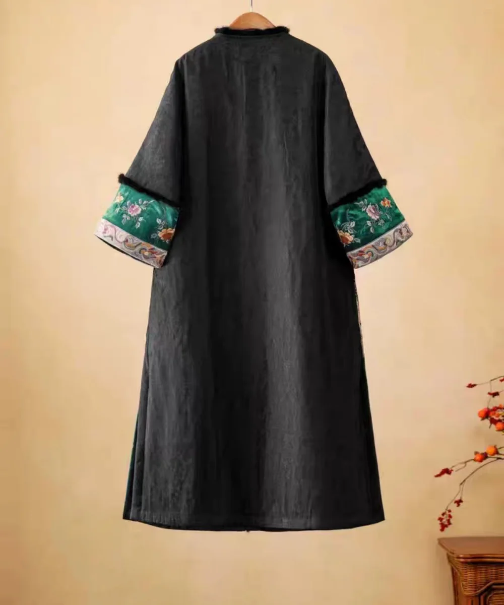Luxury women's winter jacket Black green Color block embroidery Chinese style outerwear
