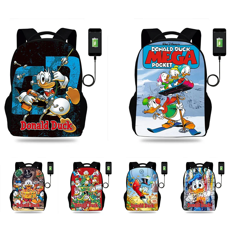 

Fashion Donald Duck Cartoon Backpack Boy Girl Teenager School Bag USB Charging Daily Travel Large Capacity Backpack Mochila