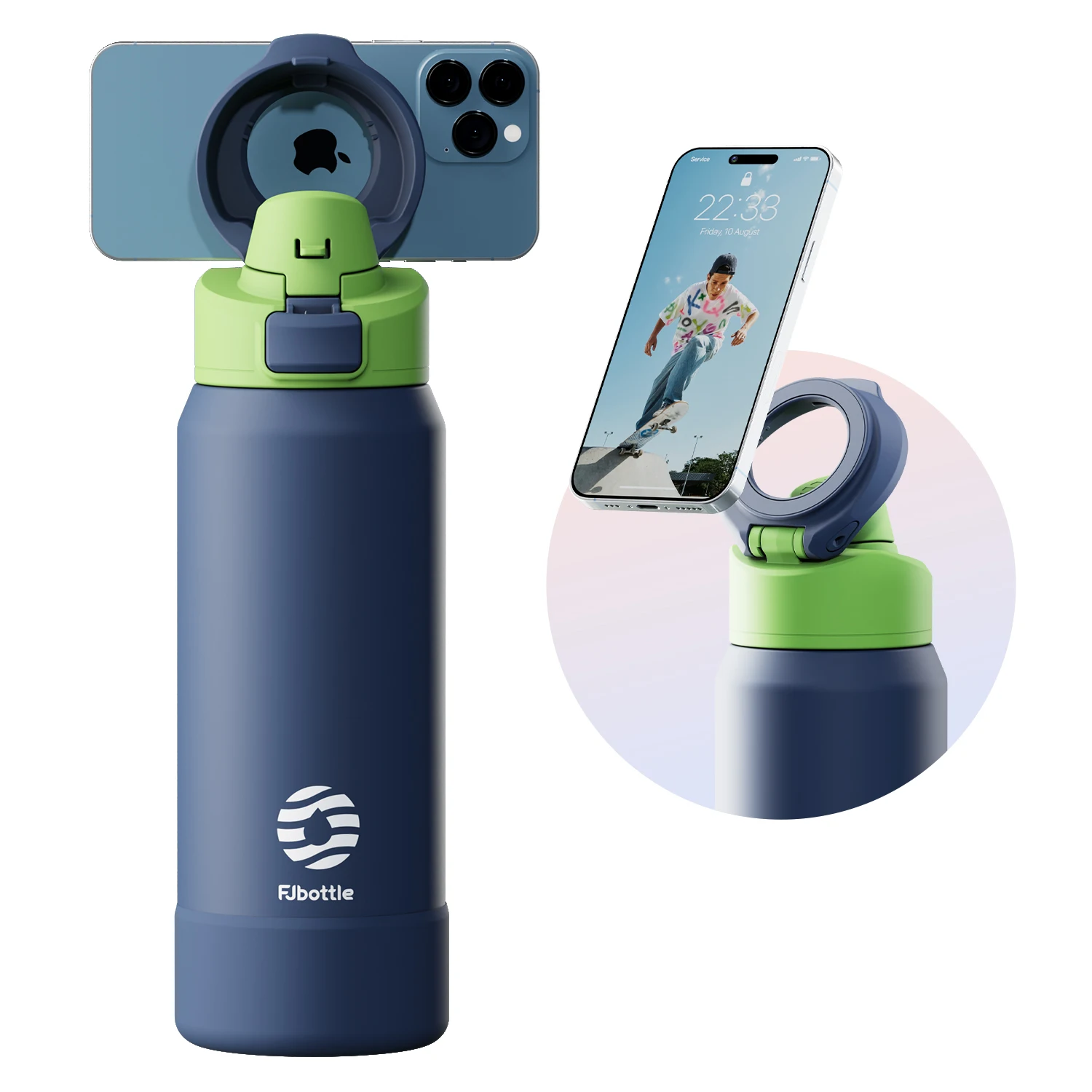 Fjbottle Magnetische Thermosfles van RVS Sportwaterfles met Magnetische Telefoonhouder en Isolatiebeker met Afneembaar Deksel