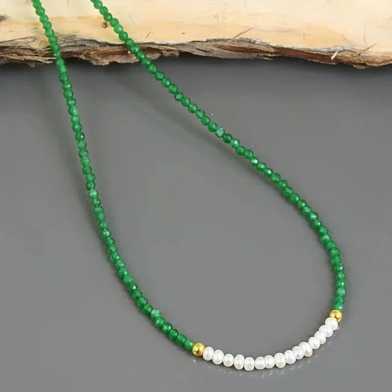 Natural Green Onyx And Pearl Round Faceted Beads Necklace 5mm 18nches,