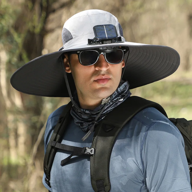 Men's Summer Solar Fan Hat 15cm Wire Shaped Wide Brim No Sagging High Wind UV Protection Sun Hat  Camping Caps 4F042