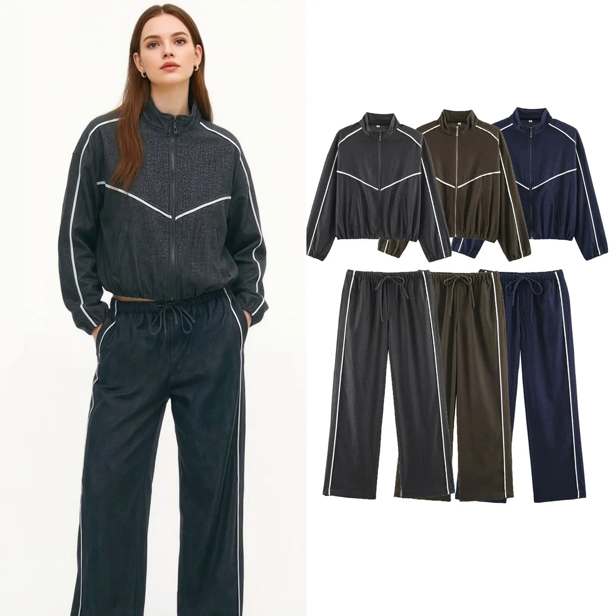 Sports Style Contrasting Color Jacket Wide Leg Pants Suit Autumn and Winter Women's Trend Soft Warm Windproof Jacket Pants 2Pcs