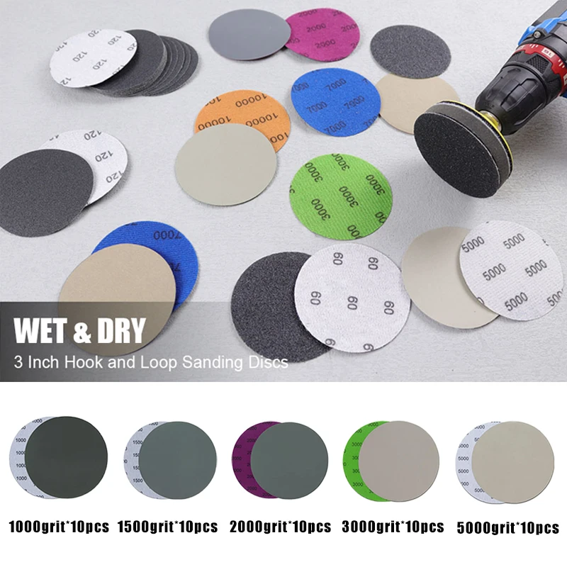 

50 шт., 3-дюймовые набор дисков для влажной и сухой шлифовки, крючок и петля, 75 мм, наждачная бумага из карбида кремния, шлифовальные диски, зернистость 80-10000, абразивные инструменты