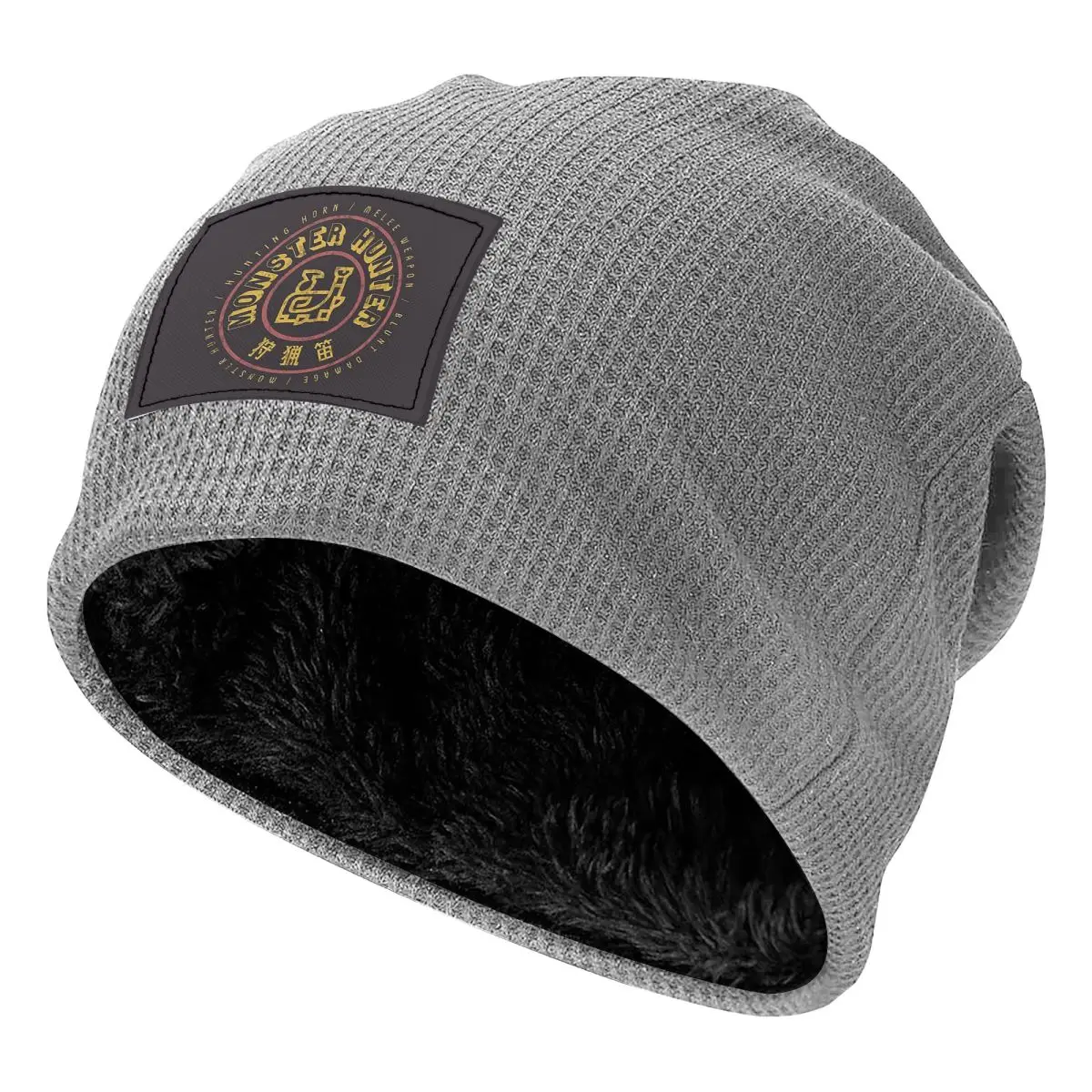 Monster Hunter Hunting Horn Waffle Knit Fleece Lined Beanie with PU Leather Patch Unisex Warm Winter Soft Cap