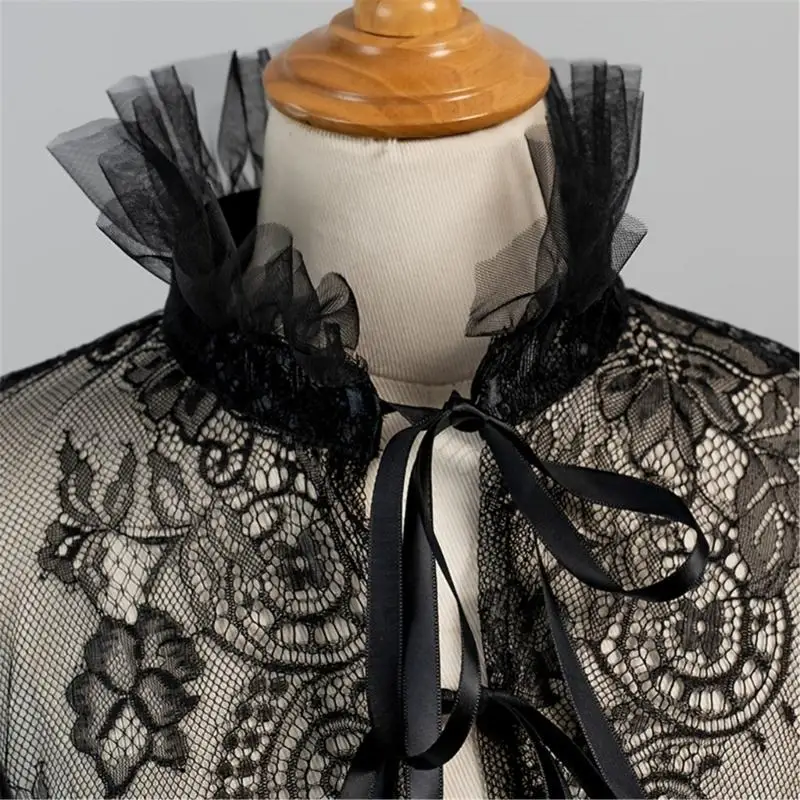 R7UF Delicate Black Lace Detachable Collar Cosplay Dark Neck Accessory For Elegant Evening Wear And Dramatic Stage Costumes