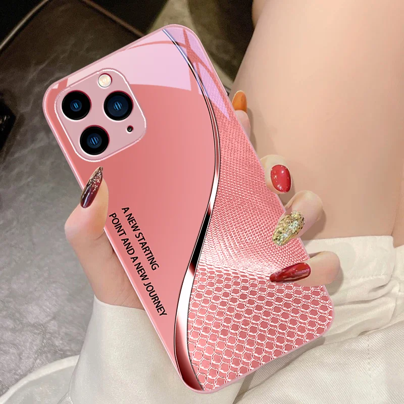 Black Tempered Glass phone case for iPhone 15 Pro 14 13 12 Mini 11 XS Max XR 7 8 Plu SE 2020 2022 Mesh Curve Texture Orange