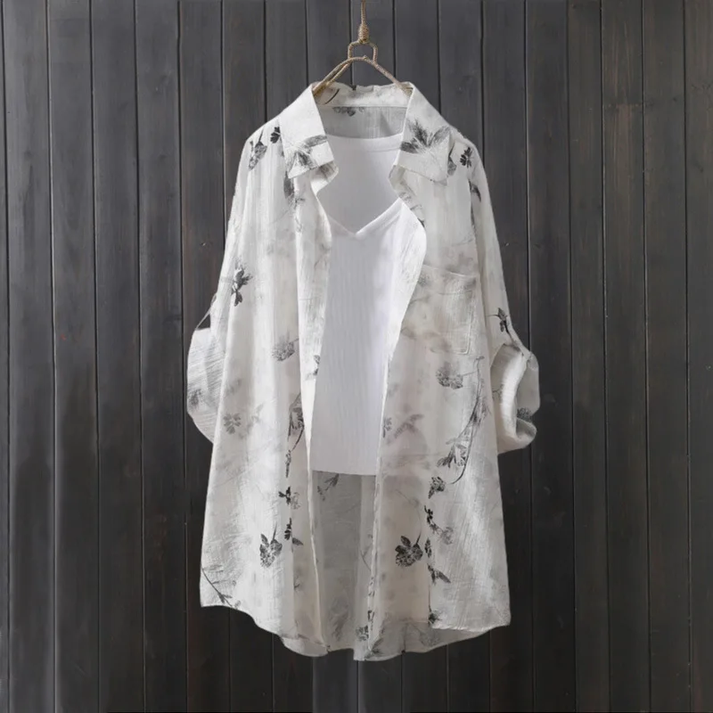 Tencel shirt women's thin coat loose sun protection shirt mid-length top covering buttocks long-sleeved plaid shirt
