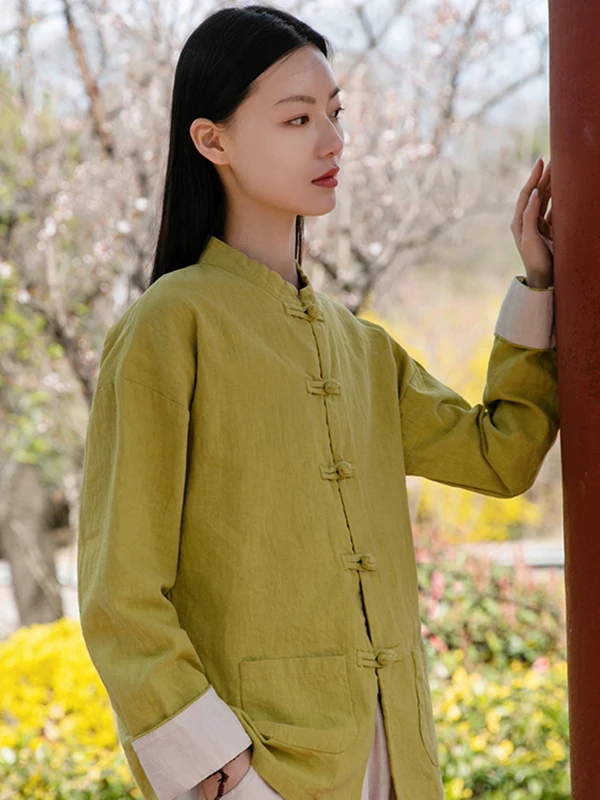 

Хлопково-льняной топ в стиле ретро Zen Sle, свободный крой и воротник-стойка, повседневный свободный топ для женщин больших размеров, верхняя одежда на пуговицах