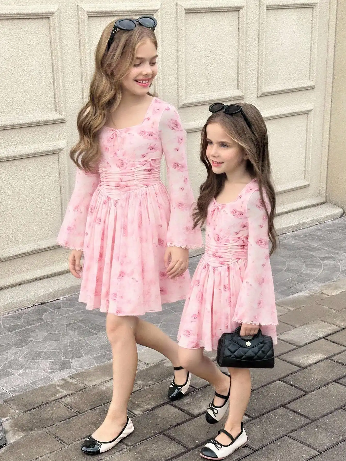 

Girls Pink Floral Square Neck Long Sleeve Pleated Waist Dress