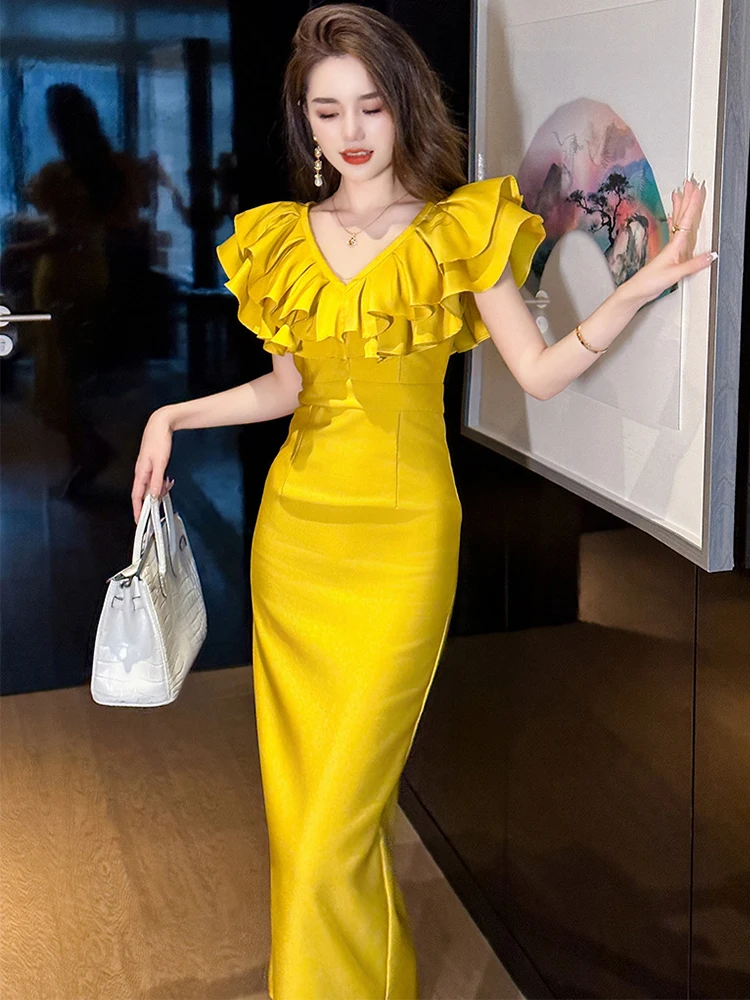 Mode Sommer Gelb Lange Abendkleid Frauen Damen Kleidung Elegante Chic Rüschen V-ausschnitt Schlank Midi Prom Robe Femme Mujer Vestido