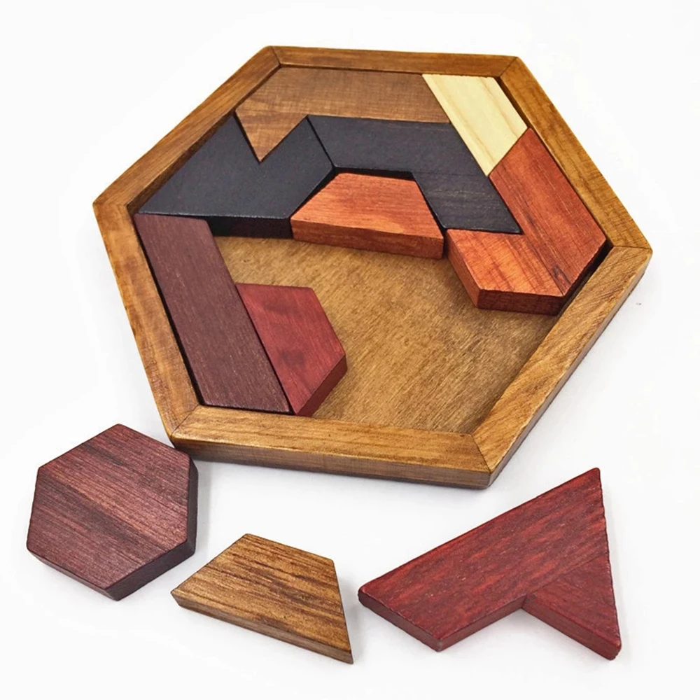 

Classical Hexagonal Wooden IQ Brain Teaser Tangram Board Educational Toys Puzzles Board