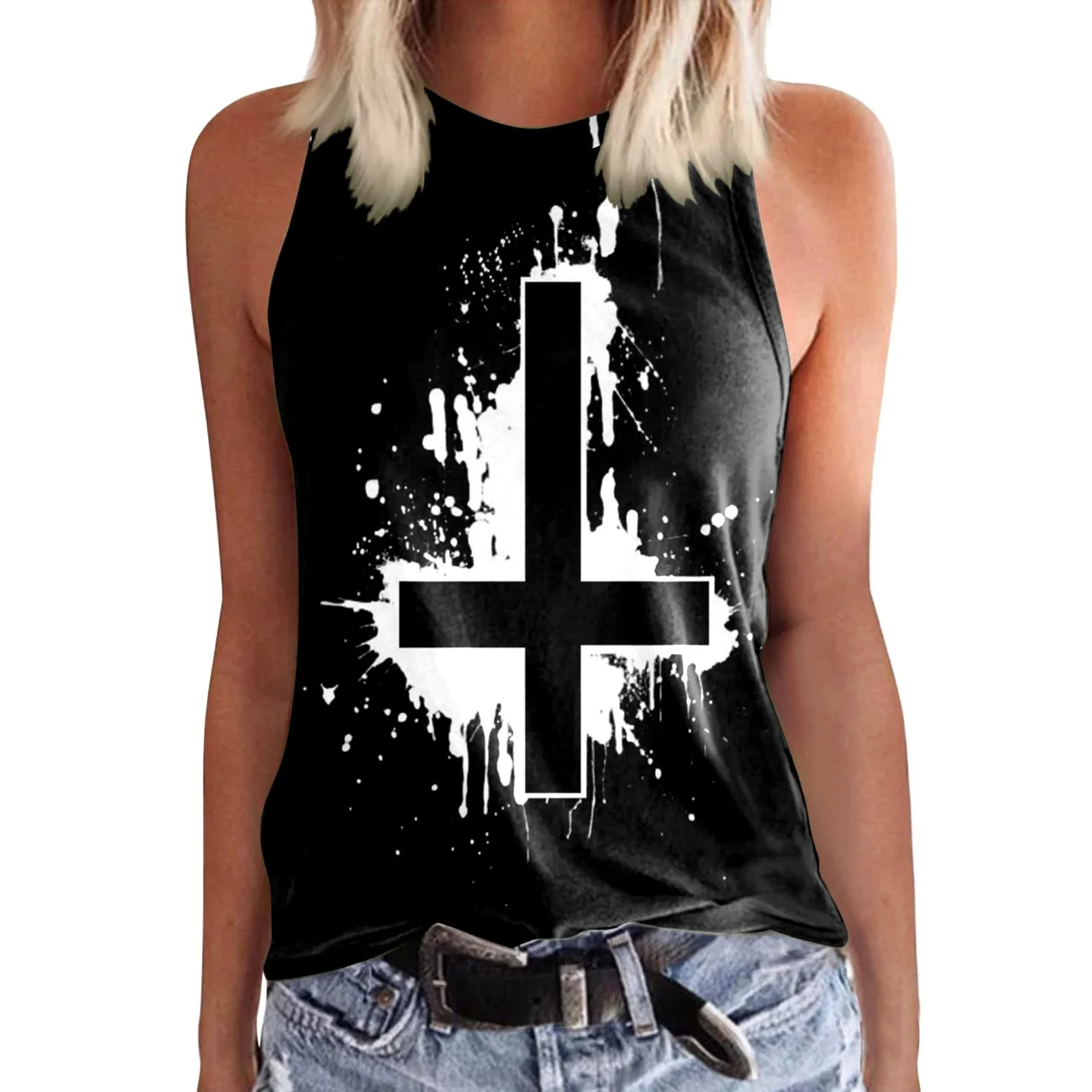 Summer Jesus Cross 3D Print Tank Tops Women O-Neck Vintage Casual Vest Off Shoulder Y2k Sleeveless Top Camisole Woman Clothing
