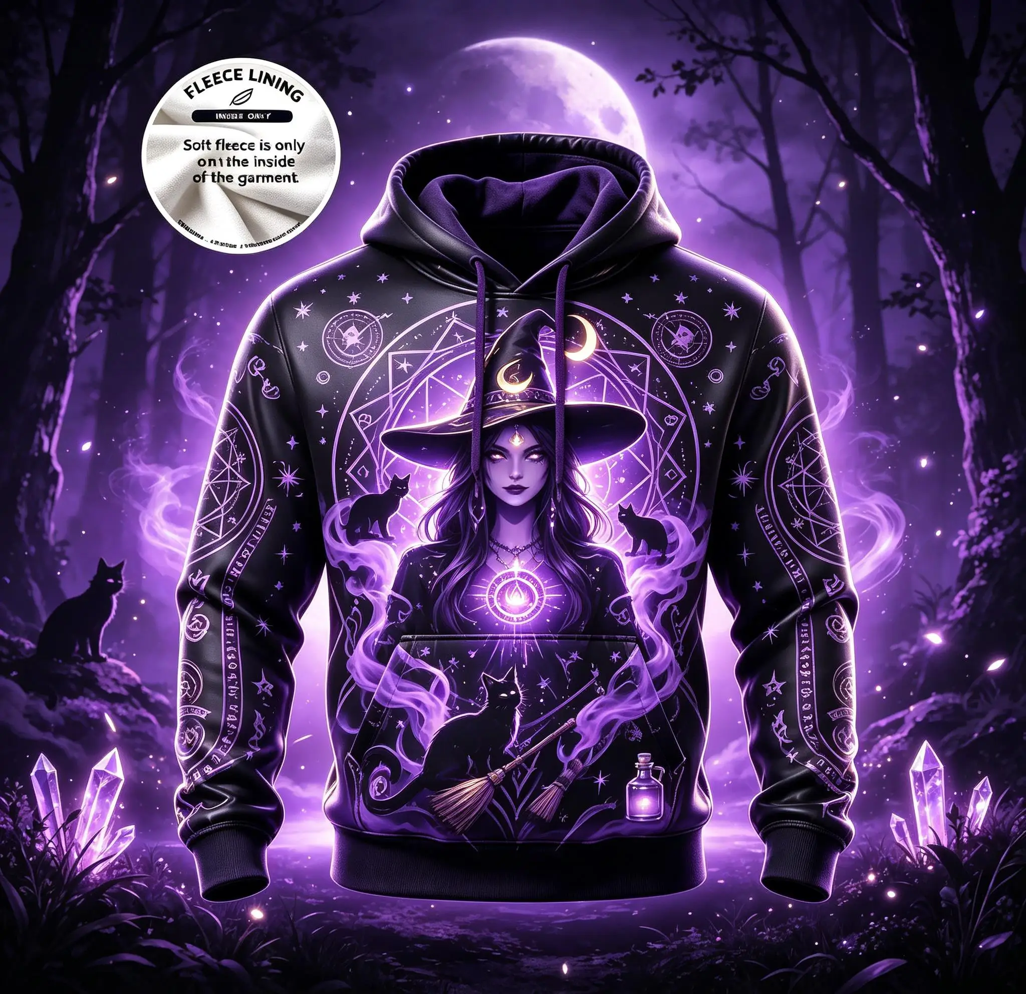 Men Fleece Lined Hoodie Purple Moon Witch Black Cat Crystal Forest Full Print Drawstring Pullover Sweatshirt