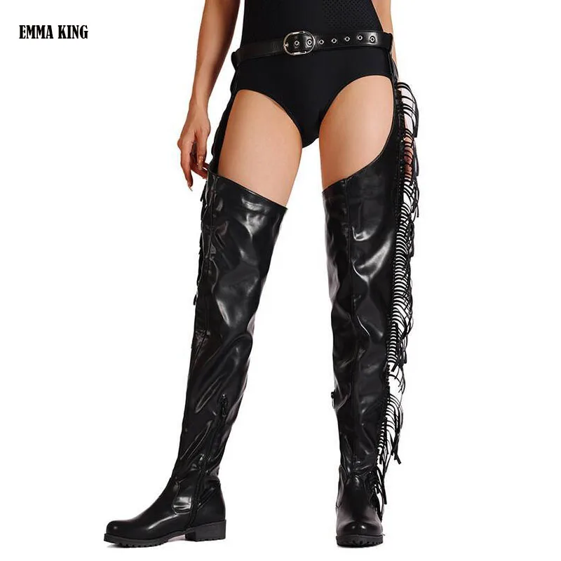 2025 New Leather Motorcycle Chaps Bootsh Fringe Low Heeled Over The Knee Boots Women Nightclub Tassel Thigh High Long Boots 43