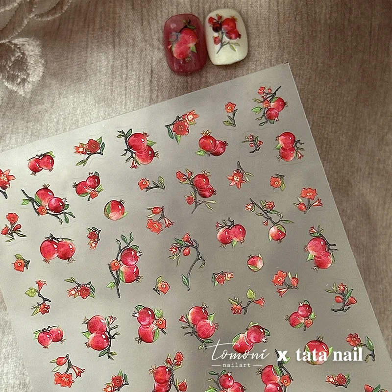 Branches de fleurs de grenade rouge, pomme verte, fraise, pastèque, cerise, fruits, autocollant de manucure auto-adhésif pour Nail Art, DIY bricolage