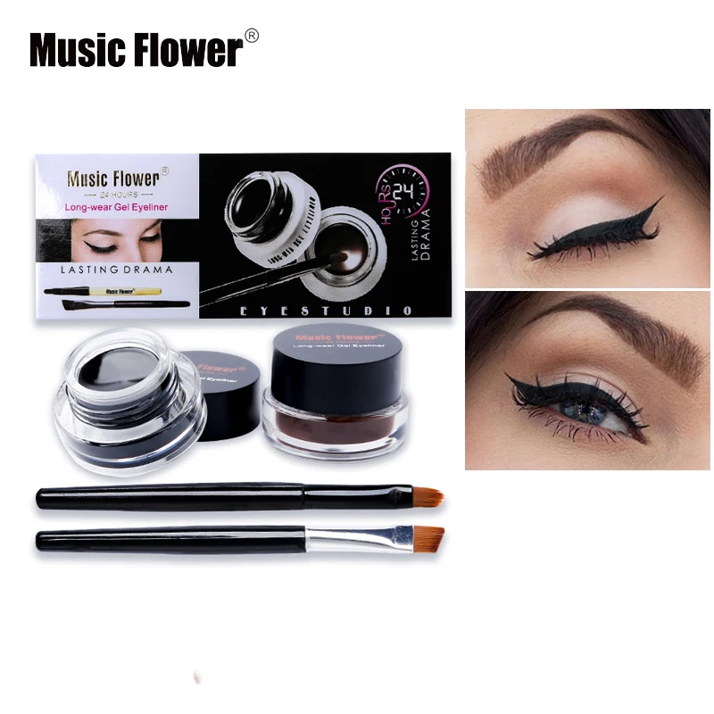 Music Flower Eye Makeup 2 in 1 Brown Black Gel Eyeliner Cream Water-proof Creamy Texture Eye Liner Set With Brushes